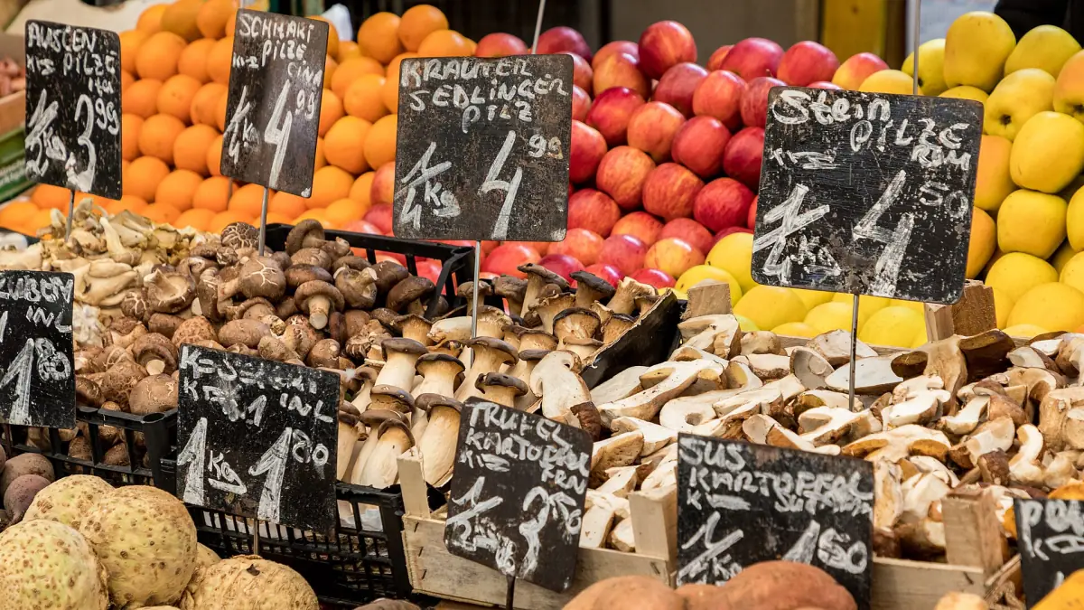 Fruit and mushrooms at a stall on the Naschmarkt